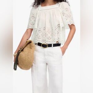 Madewell Women’s White Embroidered Squareneck Flutter-Sleeve Top in Size Small